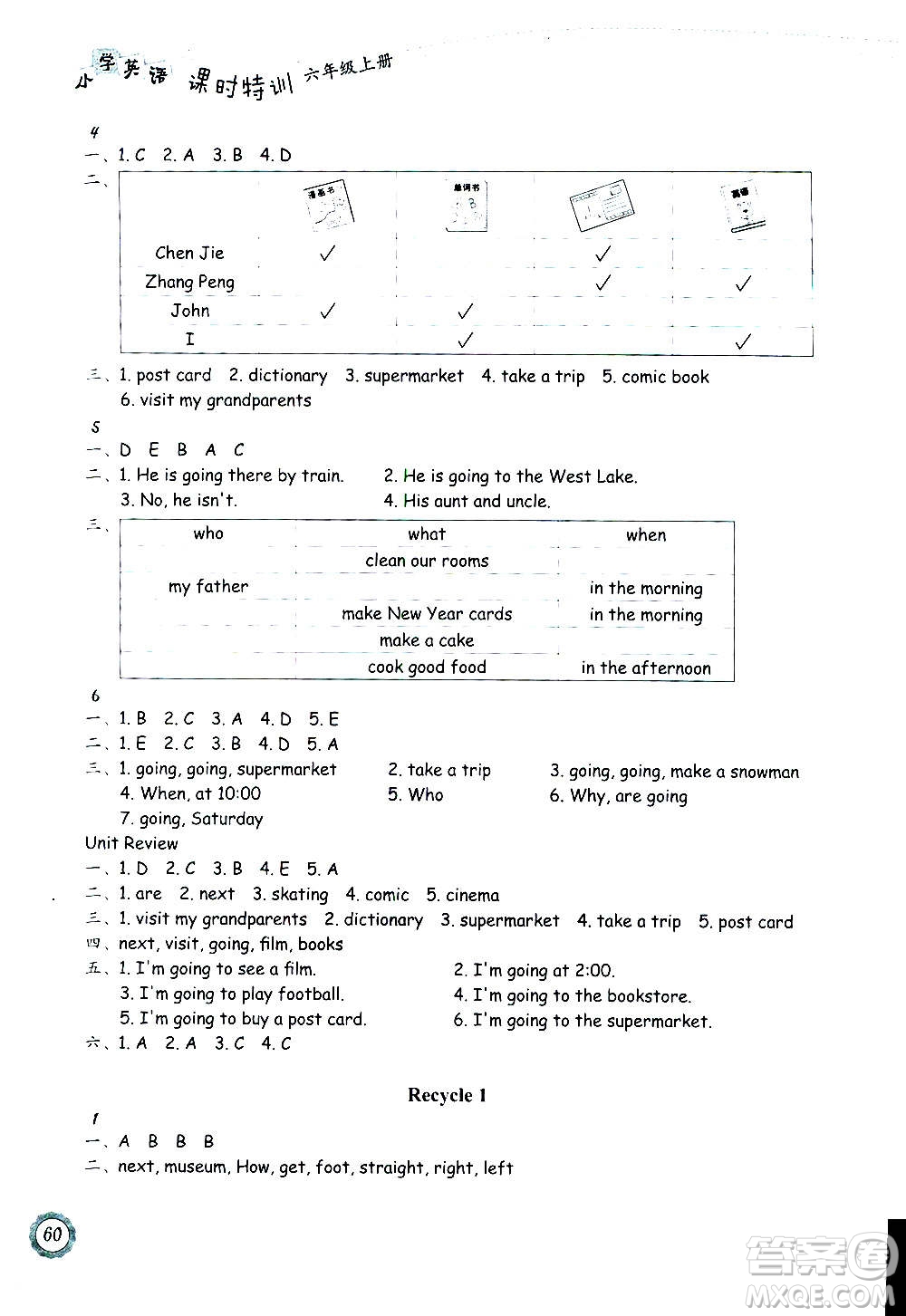 浙江教育出版社2020年小學英語課時特訓六年級上冊答案