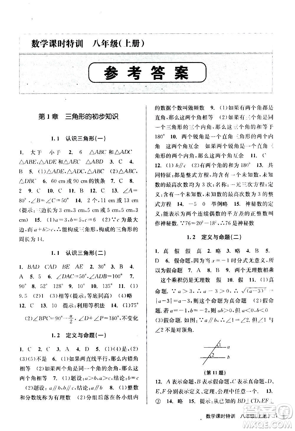 浙江人民出版社2020年課時(shí)特訓(xùn)數(shù)學(xué)八年級(jí)上冊(cè)Z浙教版答案