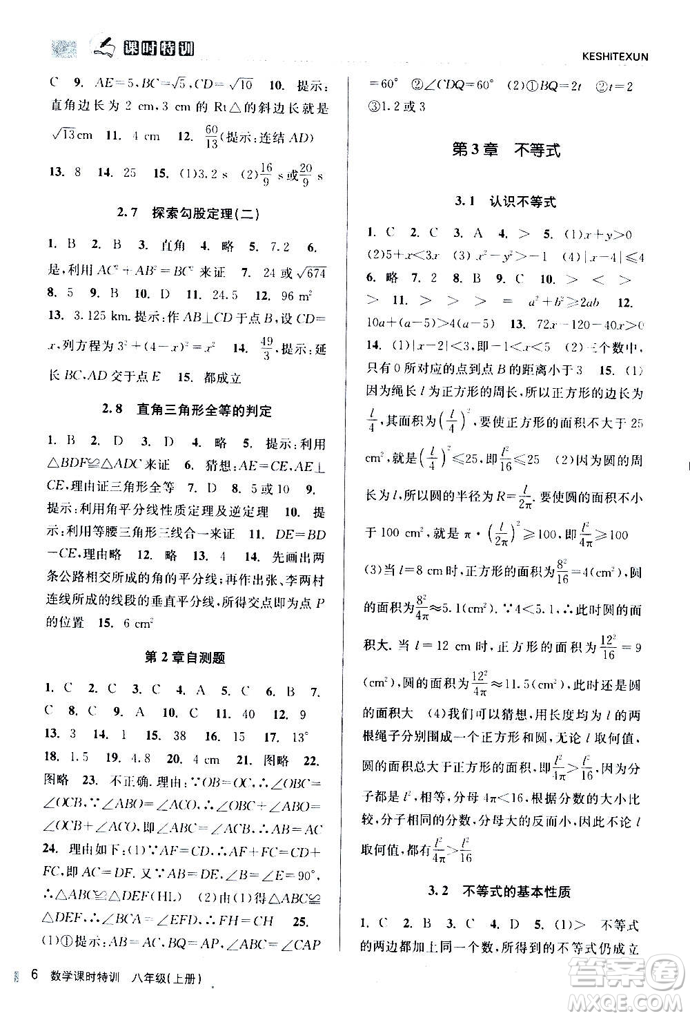 浙江人民出版社2020年課時(shí)特訓(xùn)數(shù)學(xué)八年級(jí)上冊(cè)Z浙教版答案