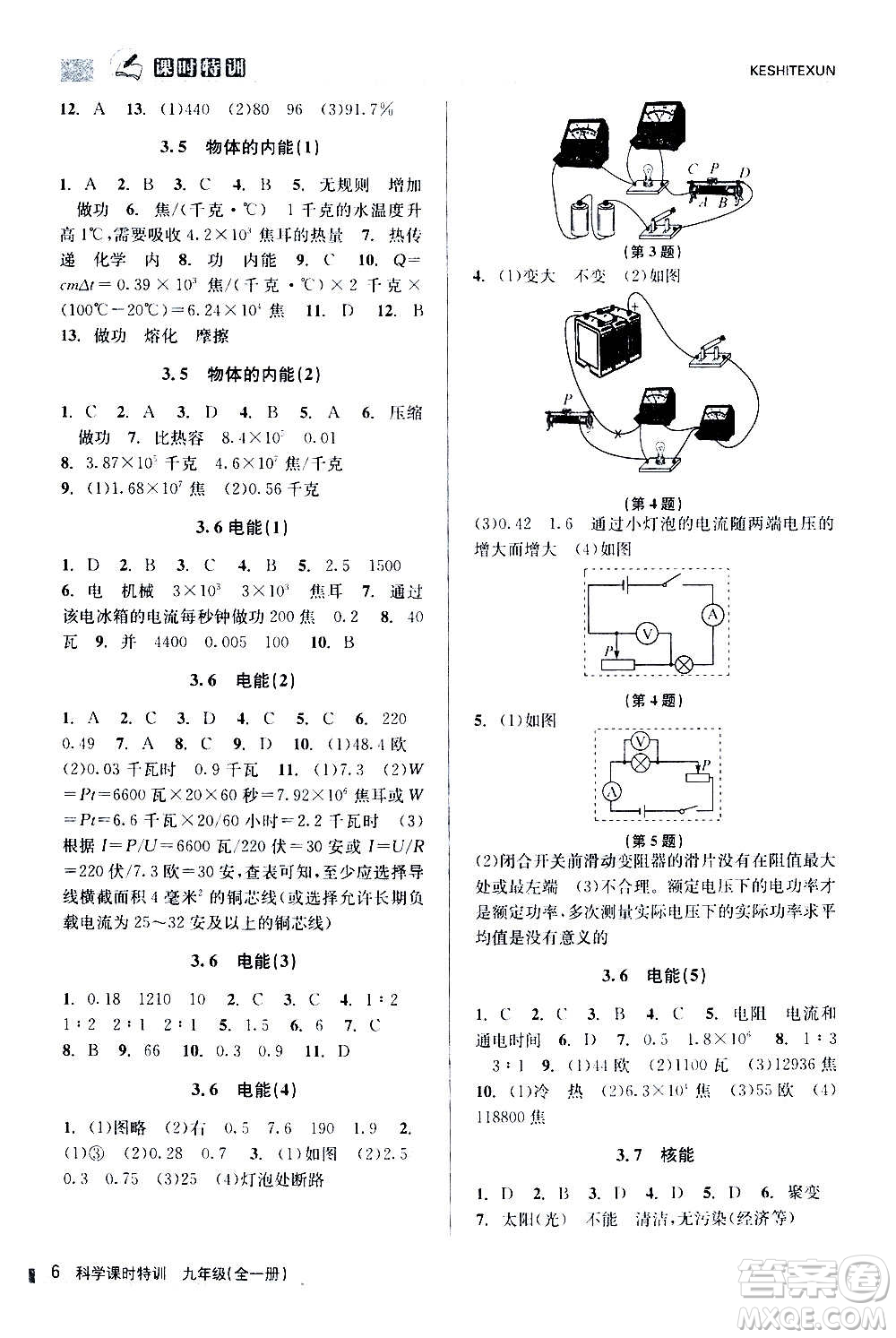 浙江人民出版社2020年課時特訓(xùn)科學(xué)九年級全一冊Z浙教版答案