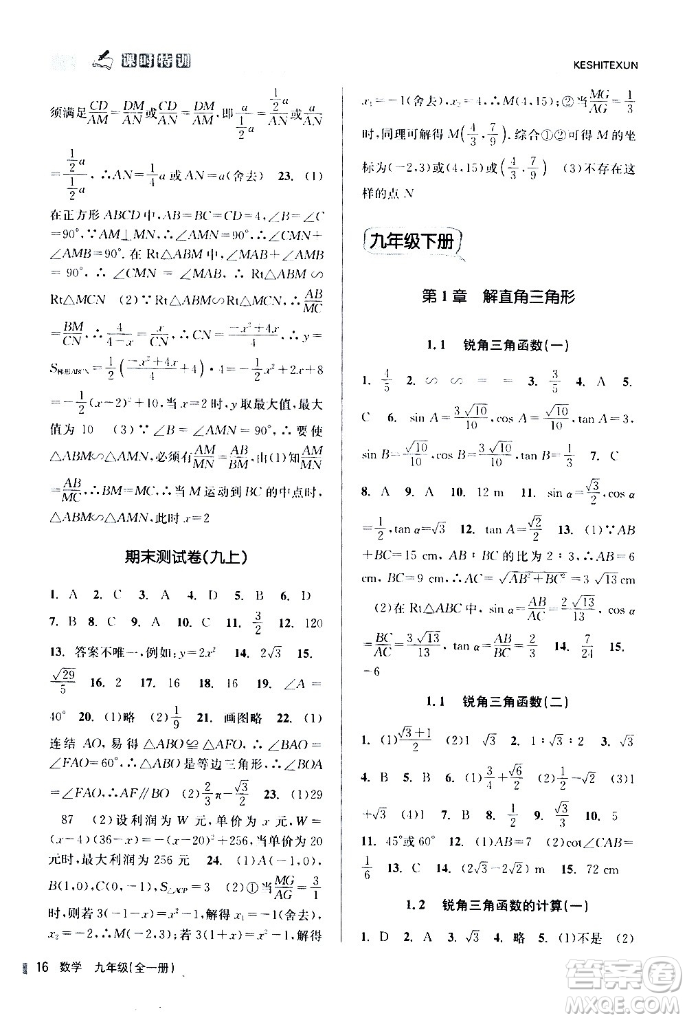 浙江人民出版社2020年課時(shí)特訓(xùn)數(shù)學(xué)九年級(jí)全一冊(cè)Z浙教版答案