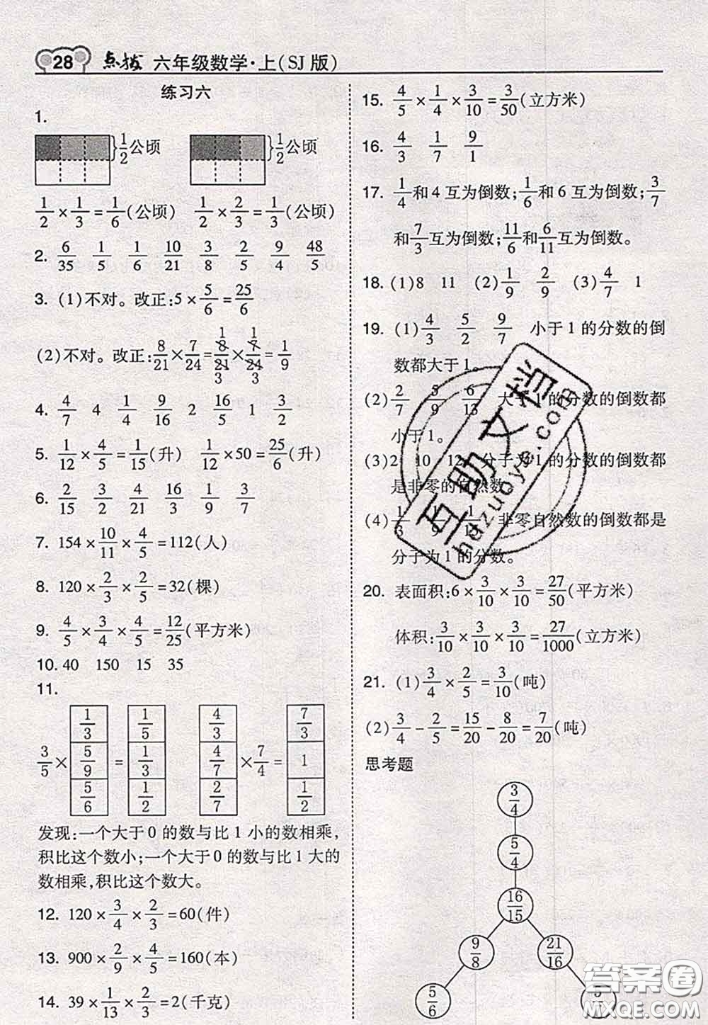 2020秋榮德基特高級教師點撥六年級數(shù)學上冊蘇教版參考答案