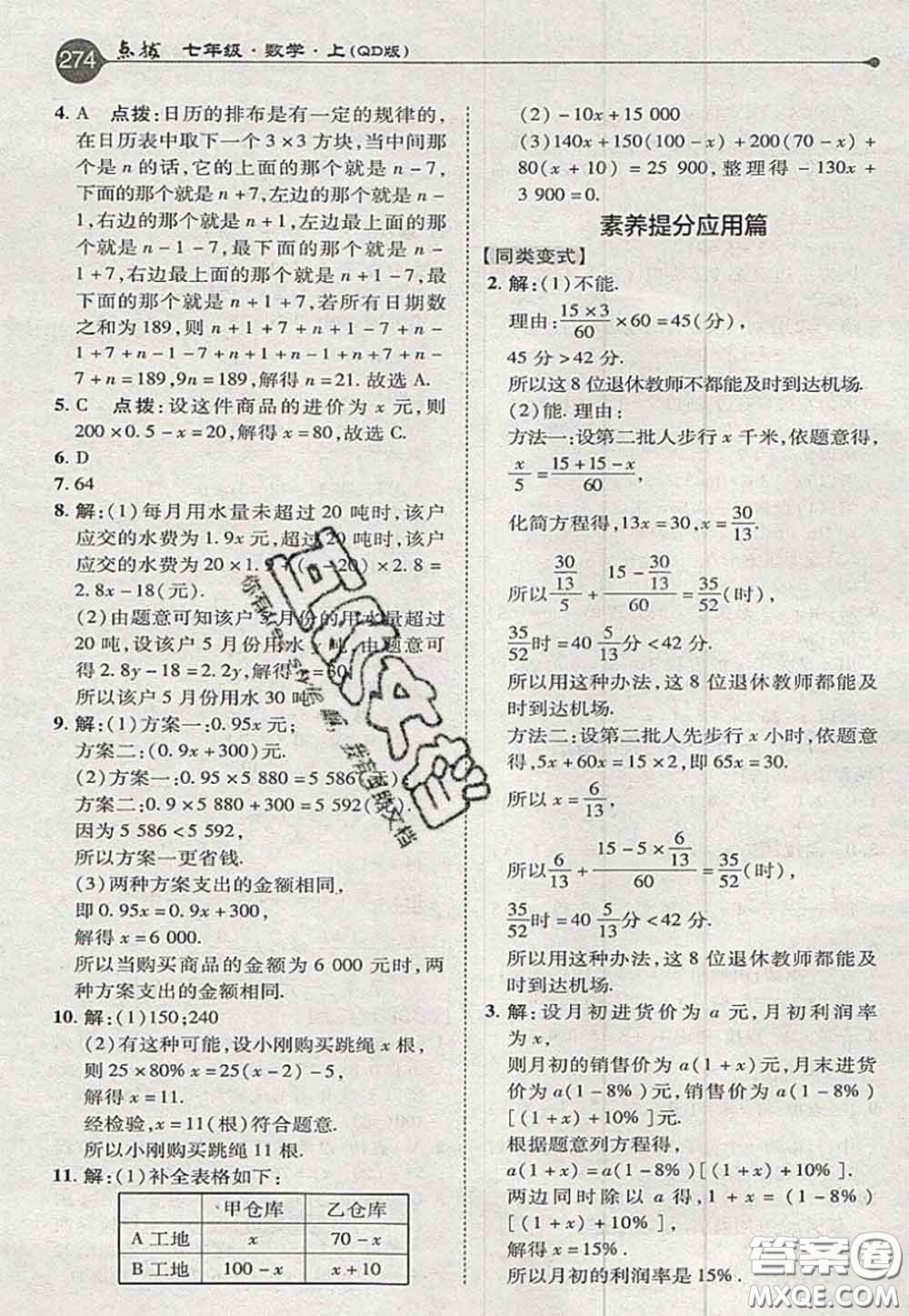 2020秋榮德基特高級教師點撥七年級數(shù)學(xué)上冊青島版參考答案