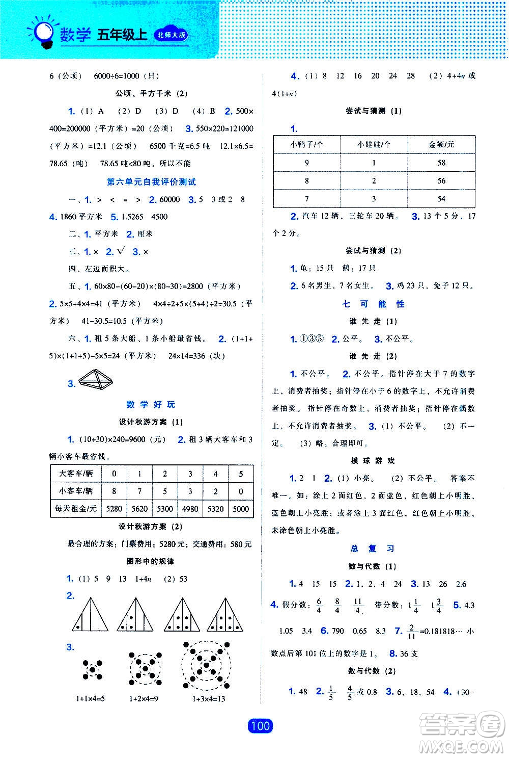 2020年新編新課程能力培養(yǎng)數(shù)學(xué)五年級(jí)上冊(cè)北師大版答案