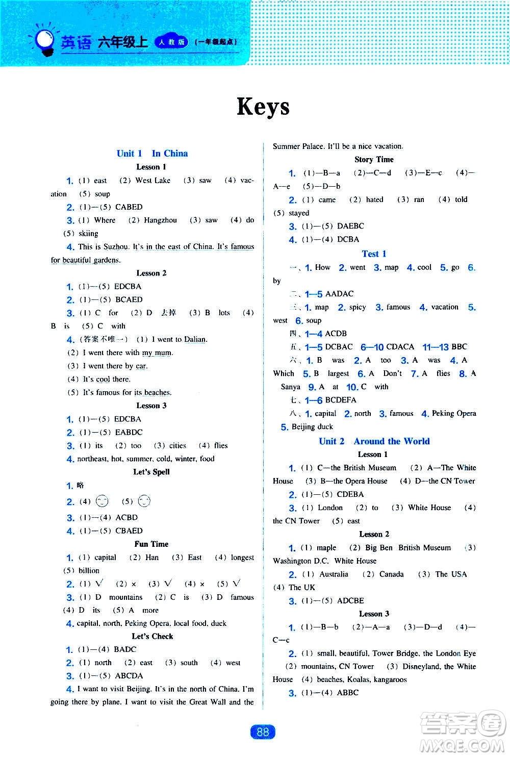 2020年新編新課程能力培養(yǎng)英語一年級起點六年級上冊人教版答案