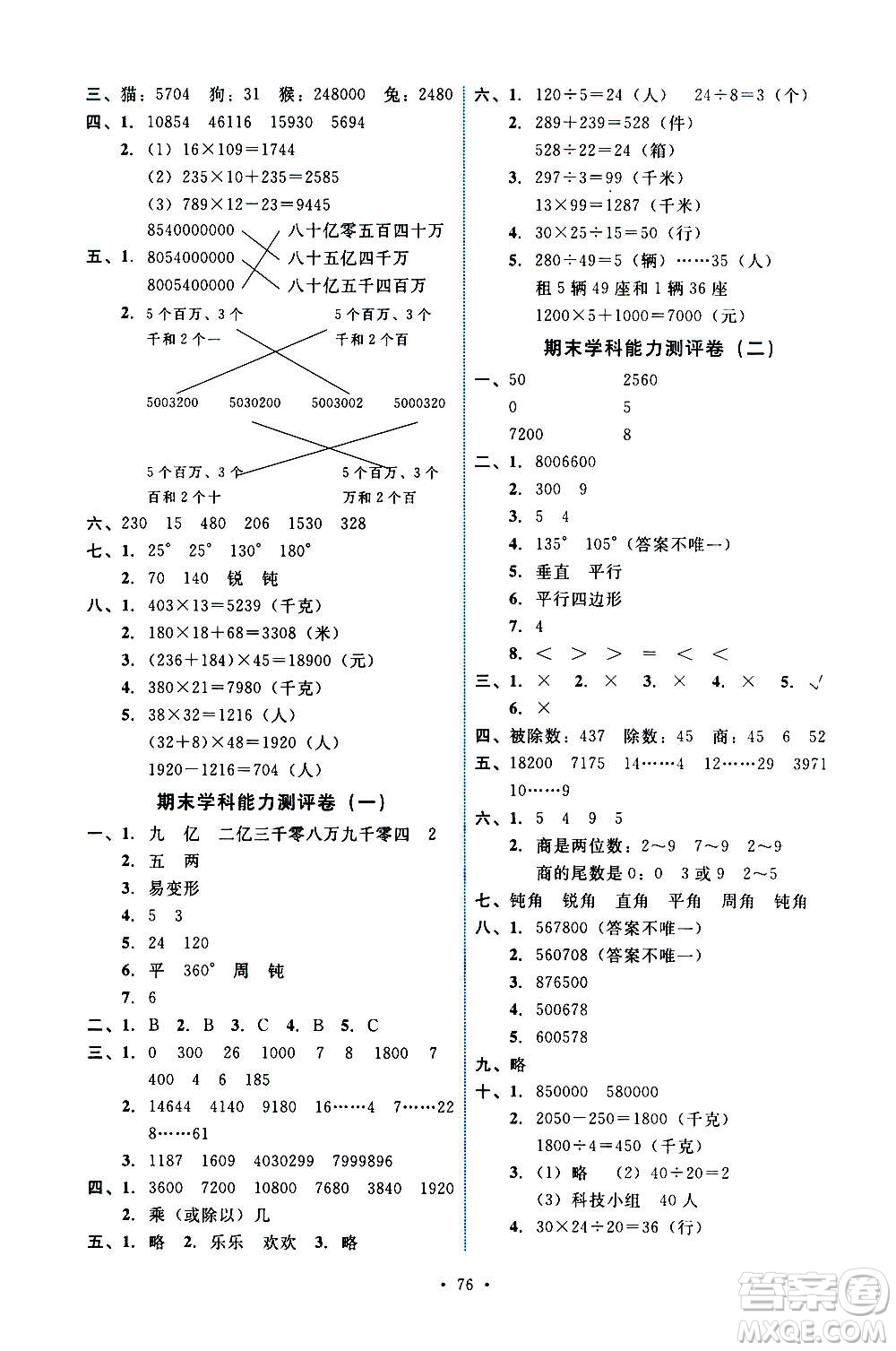 人民教育出版社2020年能力培養(yǎng)與測(cè)試數(shù)學(xué)四年級(jí)上冊(cè)人教版湖南專(zhuān)版答案