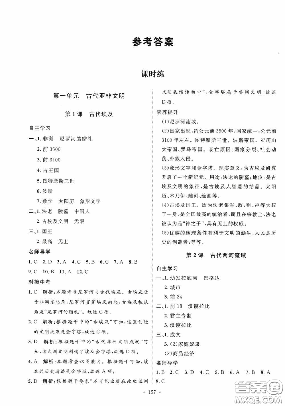 陜西人民出版社2020實驗教材新學案九年級歷史上冊人教版答案