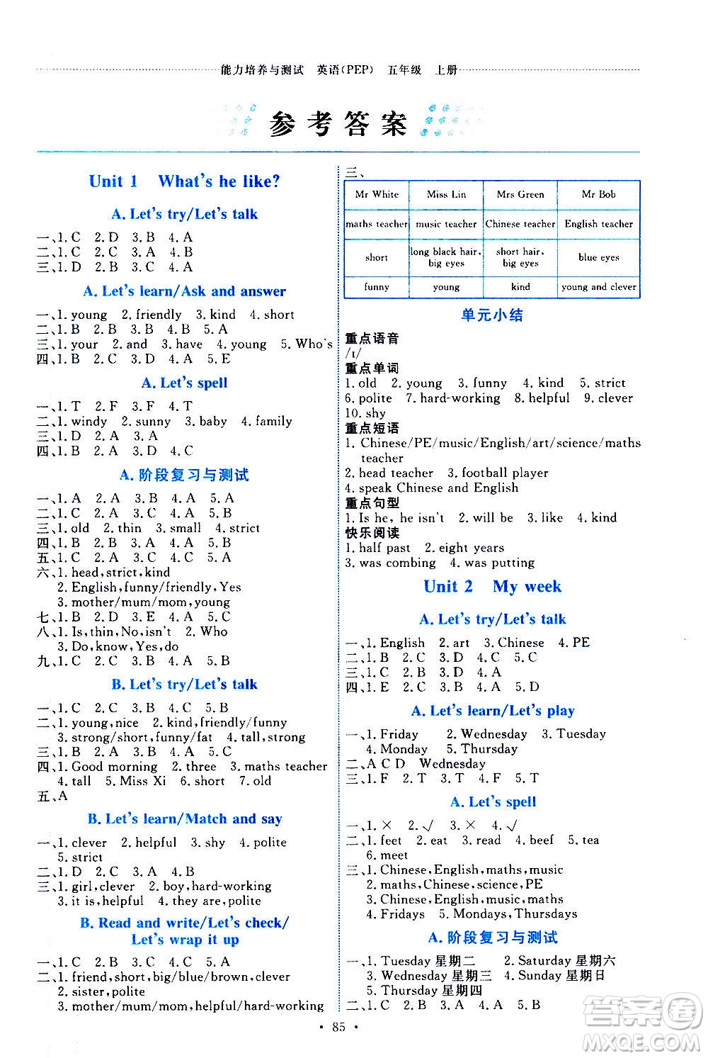 人民教育出版社2020年能力培養(yǎng)與測(cè)試英語(yǔ)五年級(jí)上冊(cè)PEP人教版答案