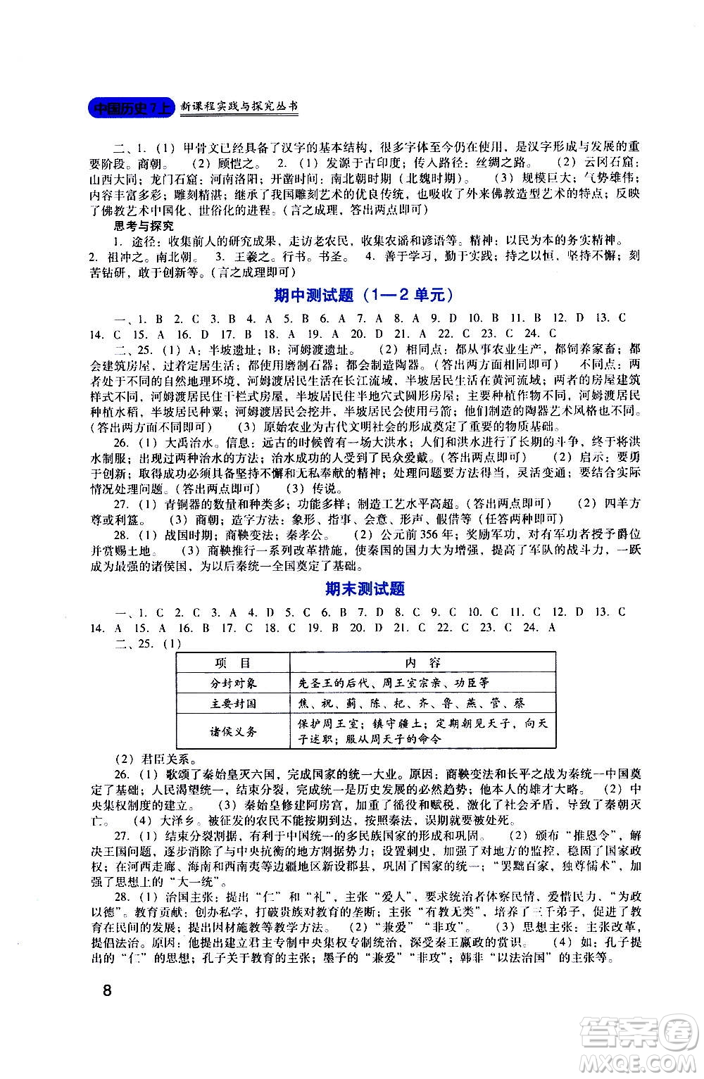 四川教育出版社2020年新課程實(shí)踐與探究叢書歷史七年級(jí)上冊(cè)人教版答案