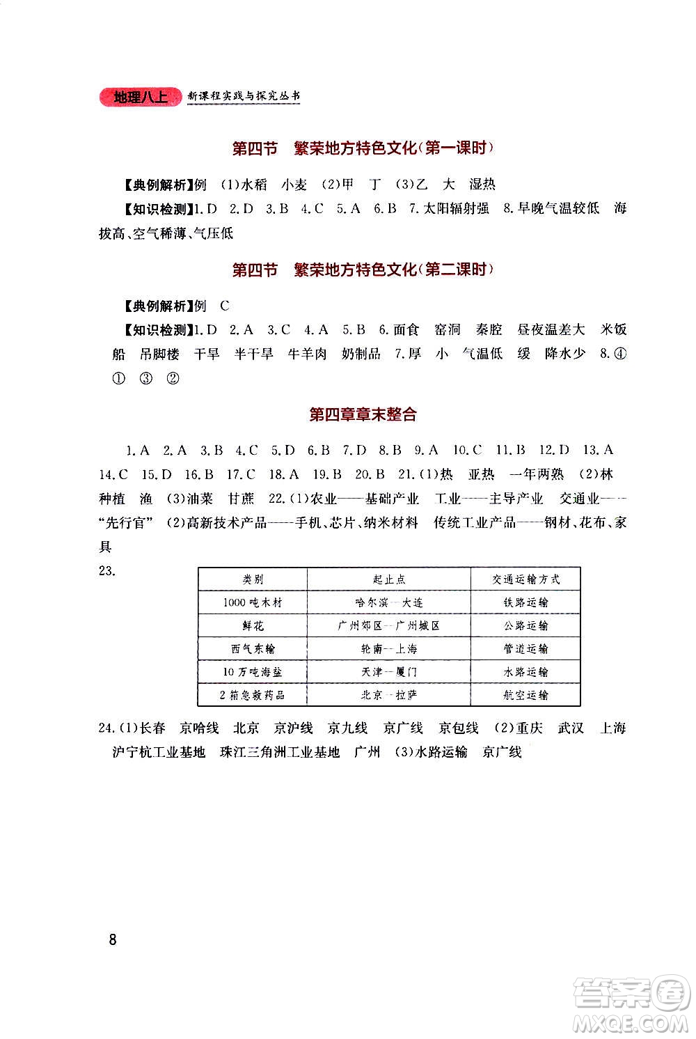 四川教育出版社2020年新課程實(shí)踐與探究叢書地理八年級上冊星球版答案