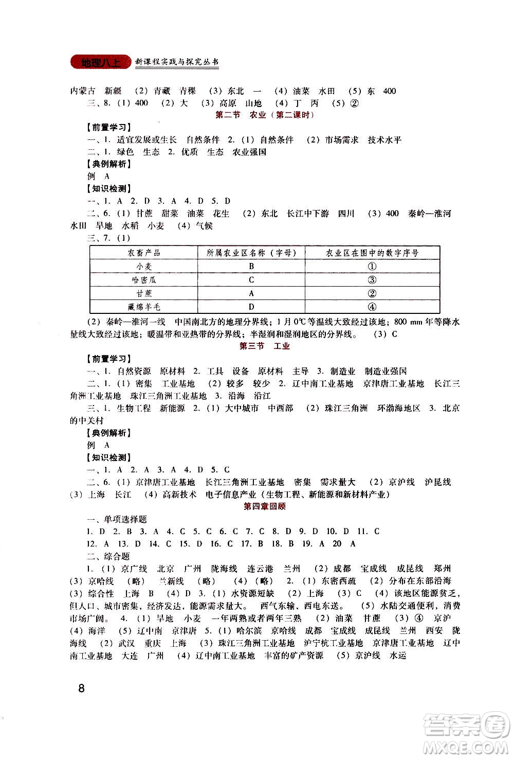 四川教育出版社2020年新課程實(shí)踐與探究叢書地理八年級上冊人教版答案