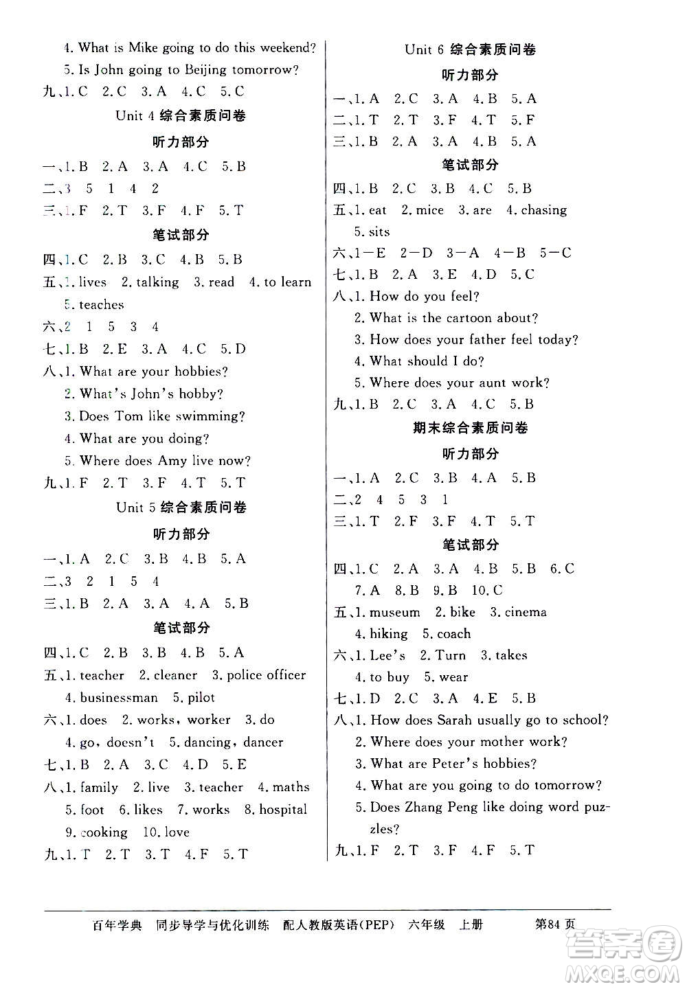 2020年百年學(xué)典同步導(dǎo)學(xué)與優(yōu)化訓(xùn)練英語六年級上冊人教版答案