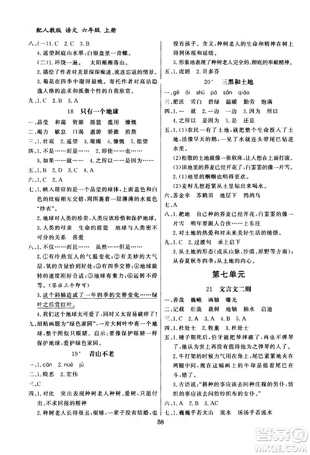 2020年百年學典同步導學與優(yōu)化訓練語文六年級上冊人教版答案