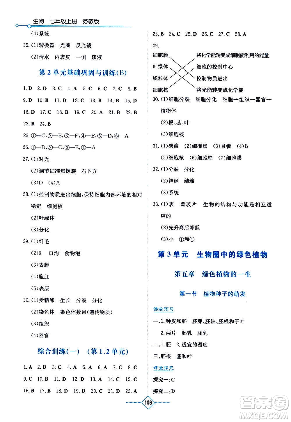 湖南教育出版社2020年學(xué)法大視野生物七年級上冊蘇教版答案