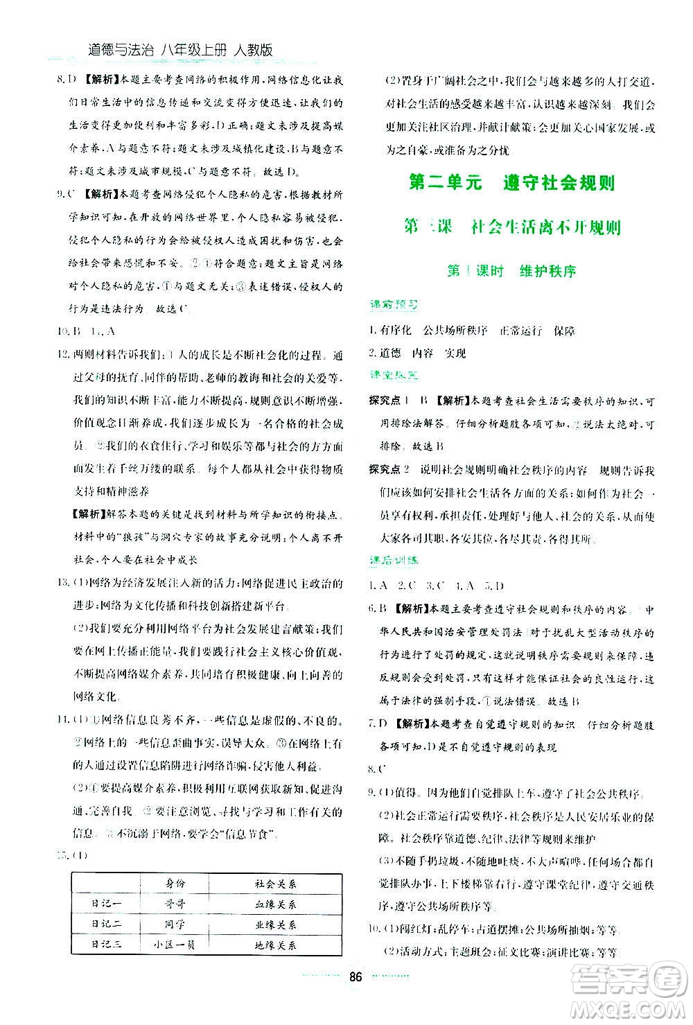 湖南教育出版社2020年學(xué)法大視野道德與法治八年級上冊人教版答案