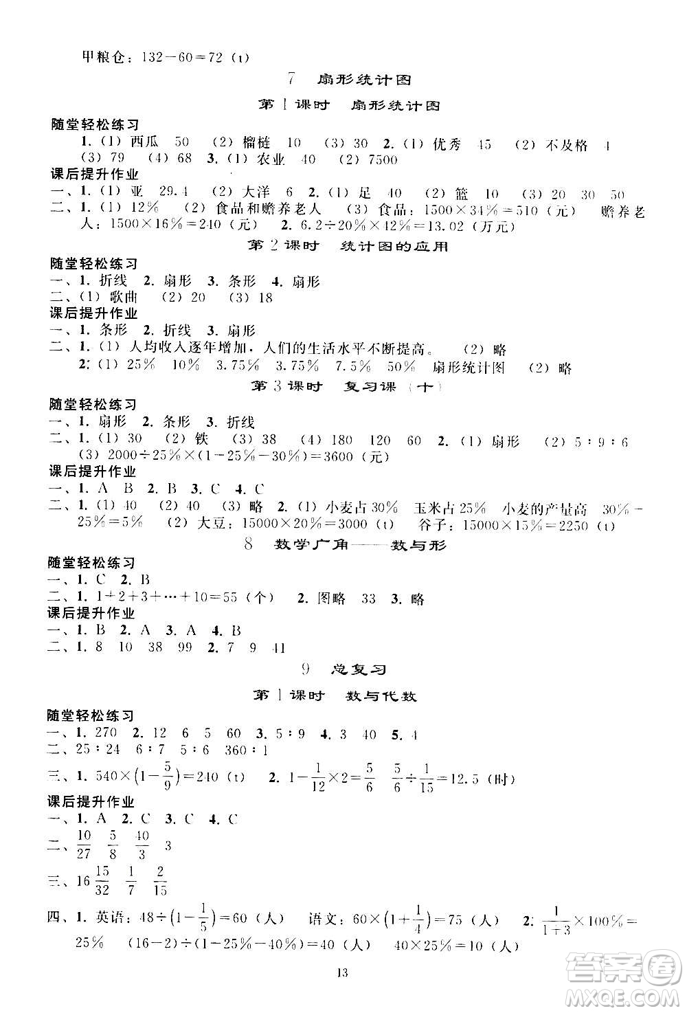 人民教育出版社2020秋同步輕松練習(xí)六年級數(shù)學(xué)上冊人教版答案