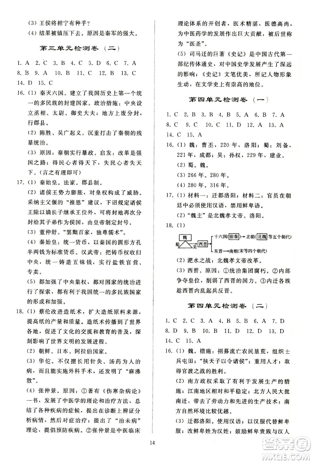 人民教育出版社2020秋同步輕松練習中國歷史七年級上冊人教版答案