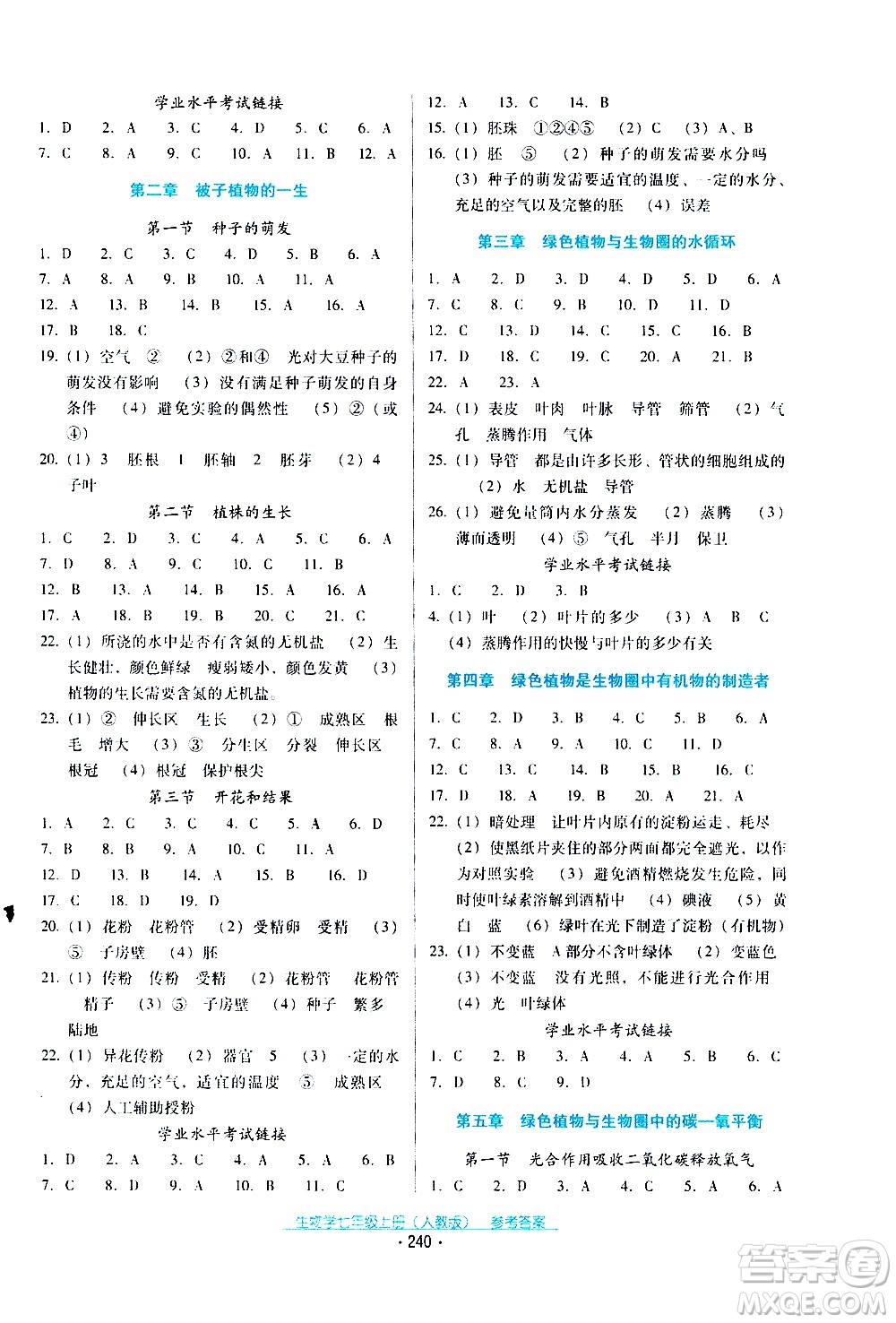 2020年云南省標(biāo)準(zhǔn)教輔優(yōu)佳學(xué)案生物學(xué)七年級(jí)上冊(cè)人教版答案