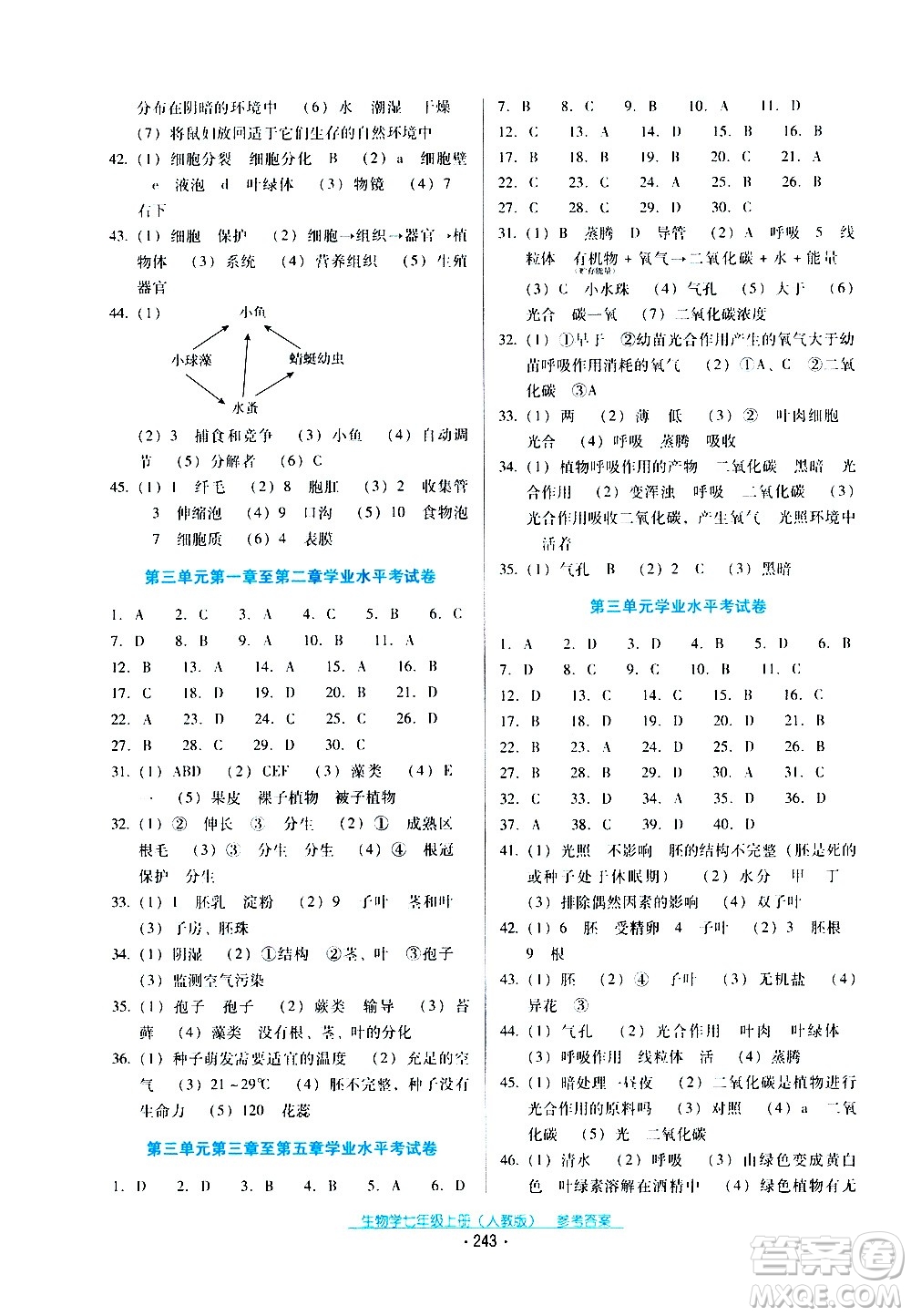 2020年云南省標(biāo)準(zhǔn)教輔優(yōu)佳學(xué)案生物學(xué)七年級(jí)上冊(cè)人教版答案