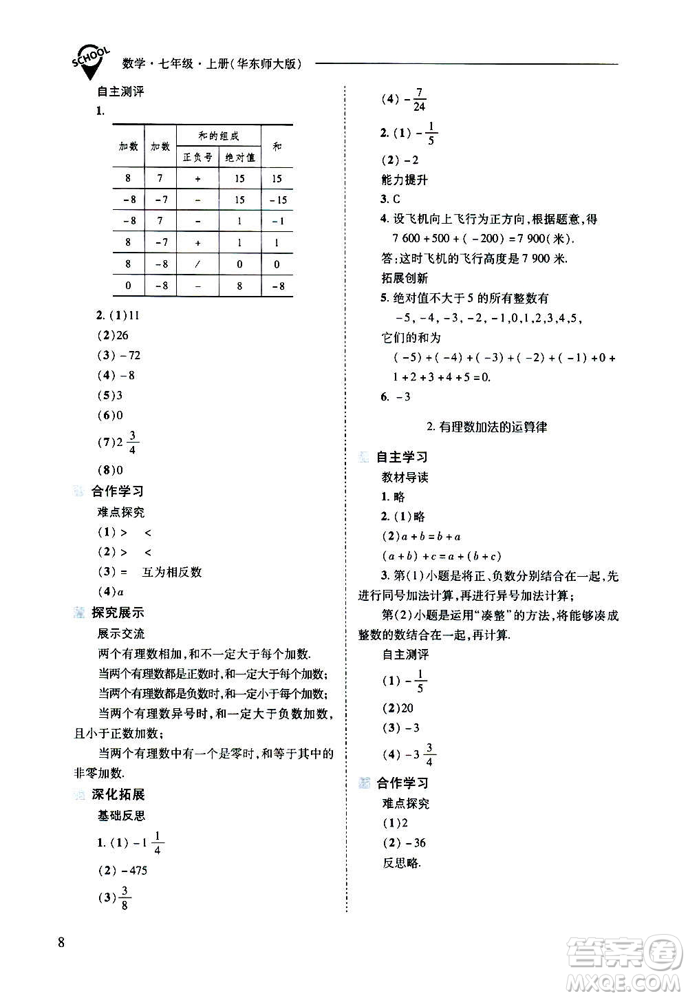 2020秋新課程問題解決導學方案七年級數(shù)學上冊華東師大版參考答案