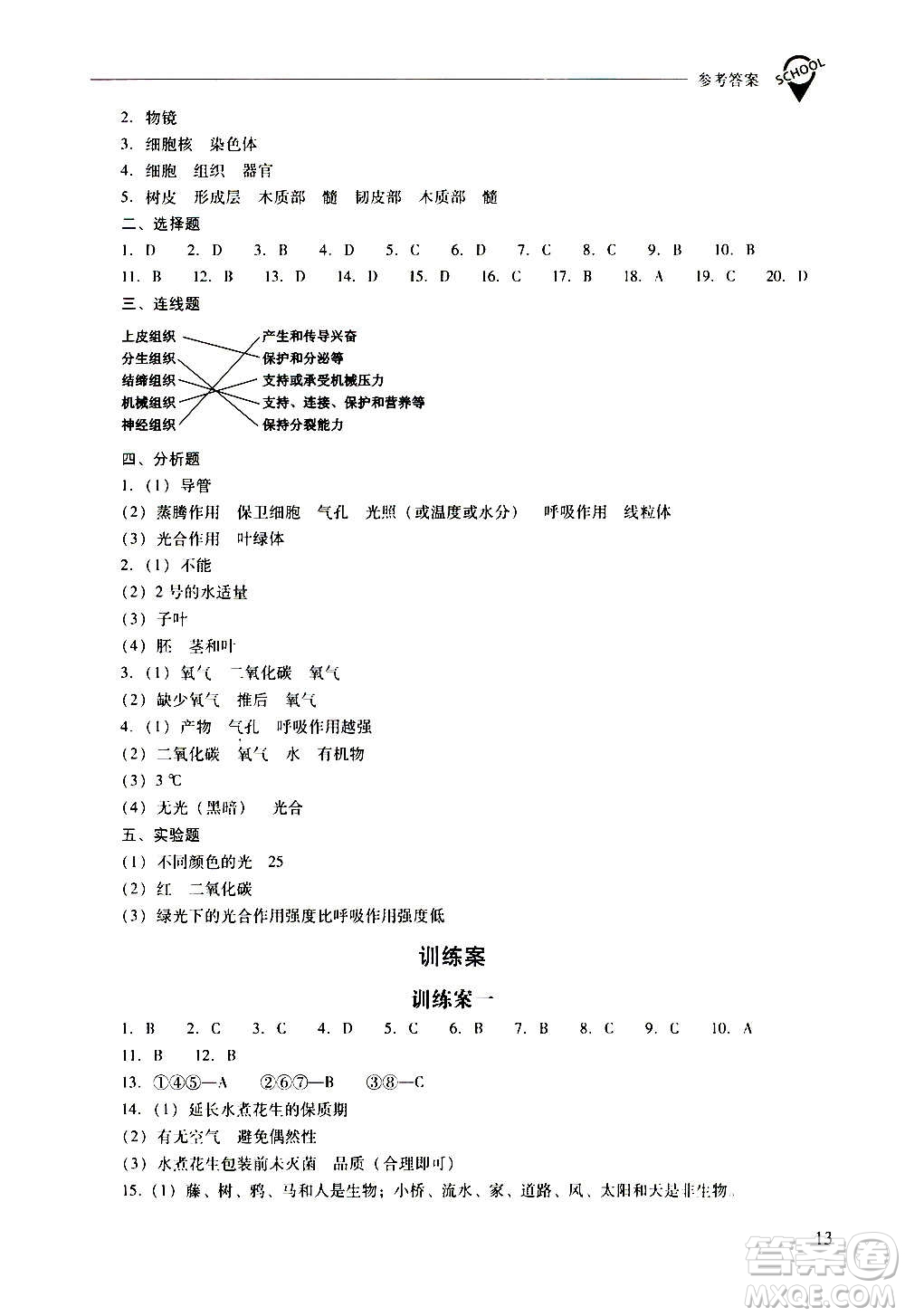 2020秋新課程問題解決導(dǎo)學(xué)方案七年級生物學(xué)上冊鳳凰版參考答案