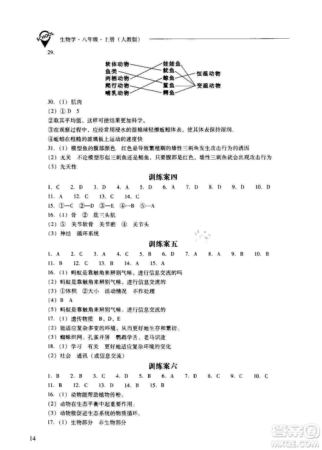 2020秋新課程問(wèn)題解決導(dǎo)學(xué)方案八年級(jí)生物學(xué)上冊(cè)人教版參考答案