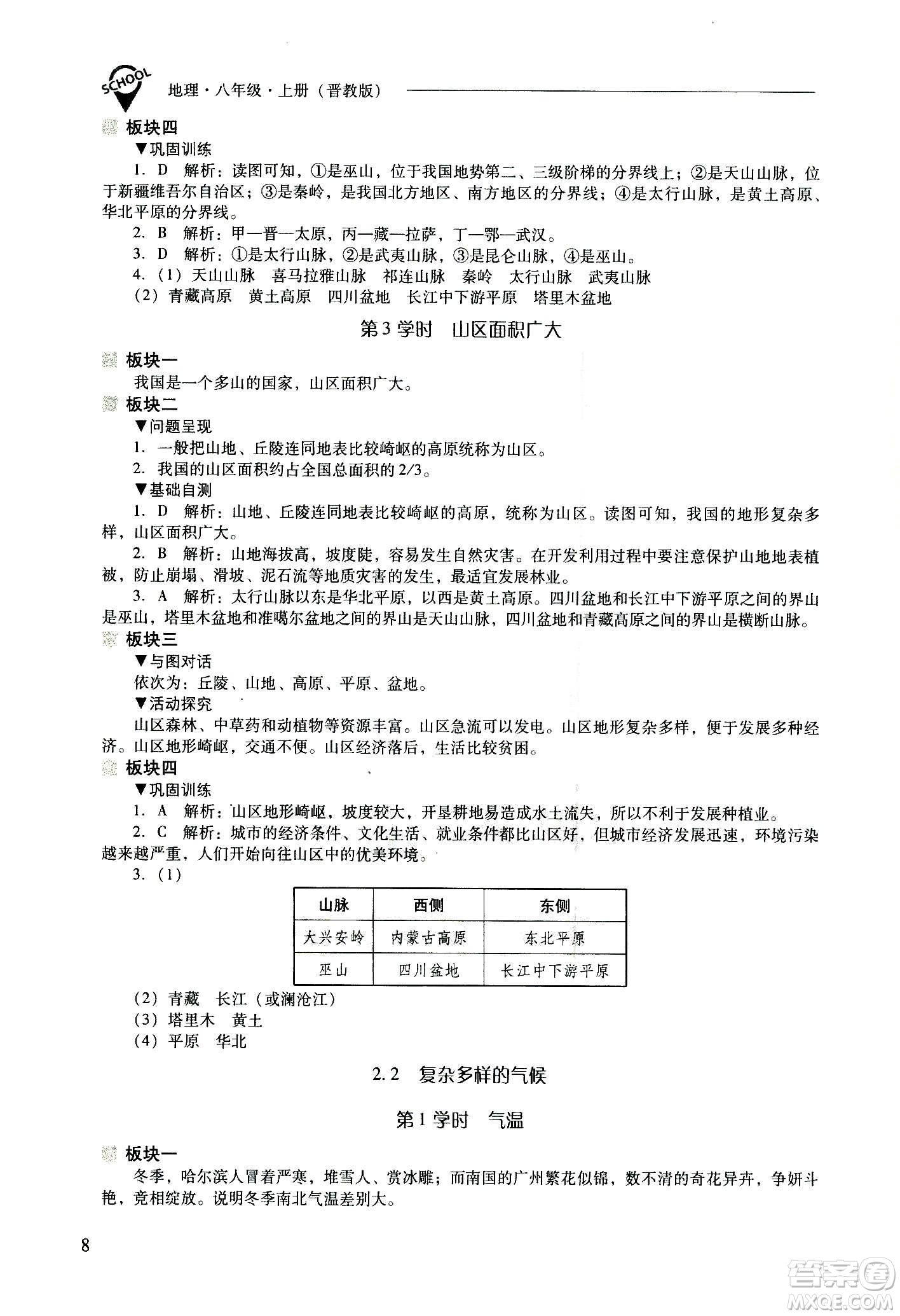 2020秋新課程問題解決導學方案八年級地理上冊晉教版參考答案