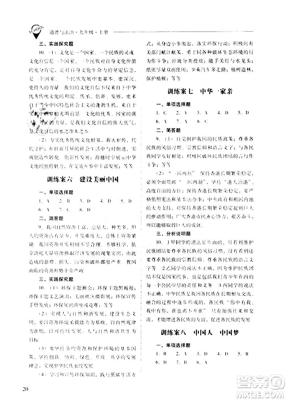 2020秋新課程問題解決導(dǎo)學(xué)方案九年級(jí)道德與法治上冊(cè)人教版參考答案