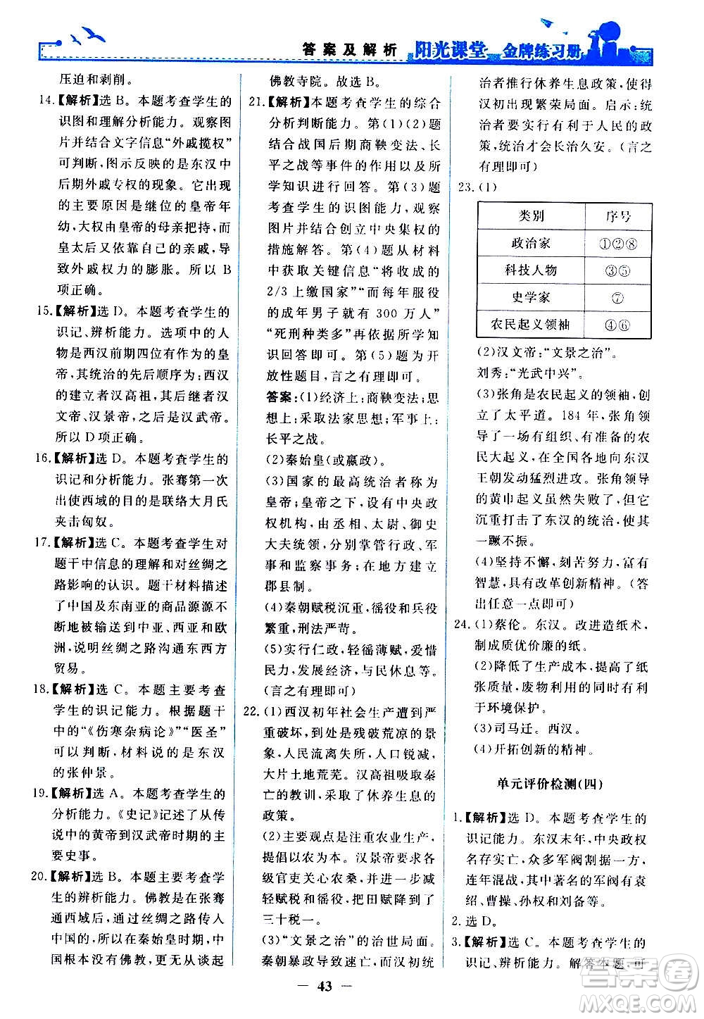 人民教育出版社2020年陽光課堂金牌練習(xí)冊中國歷史七年級上冊人教版答案