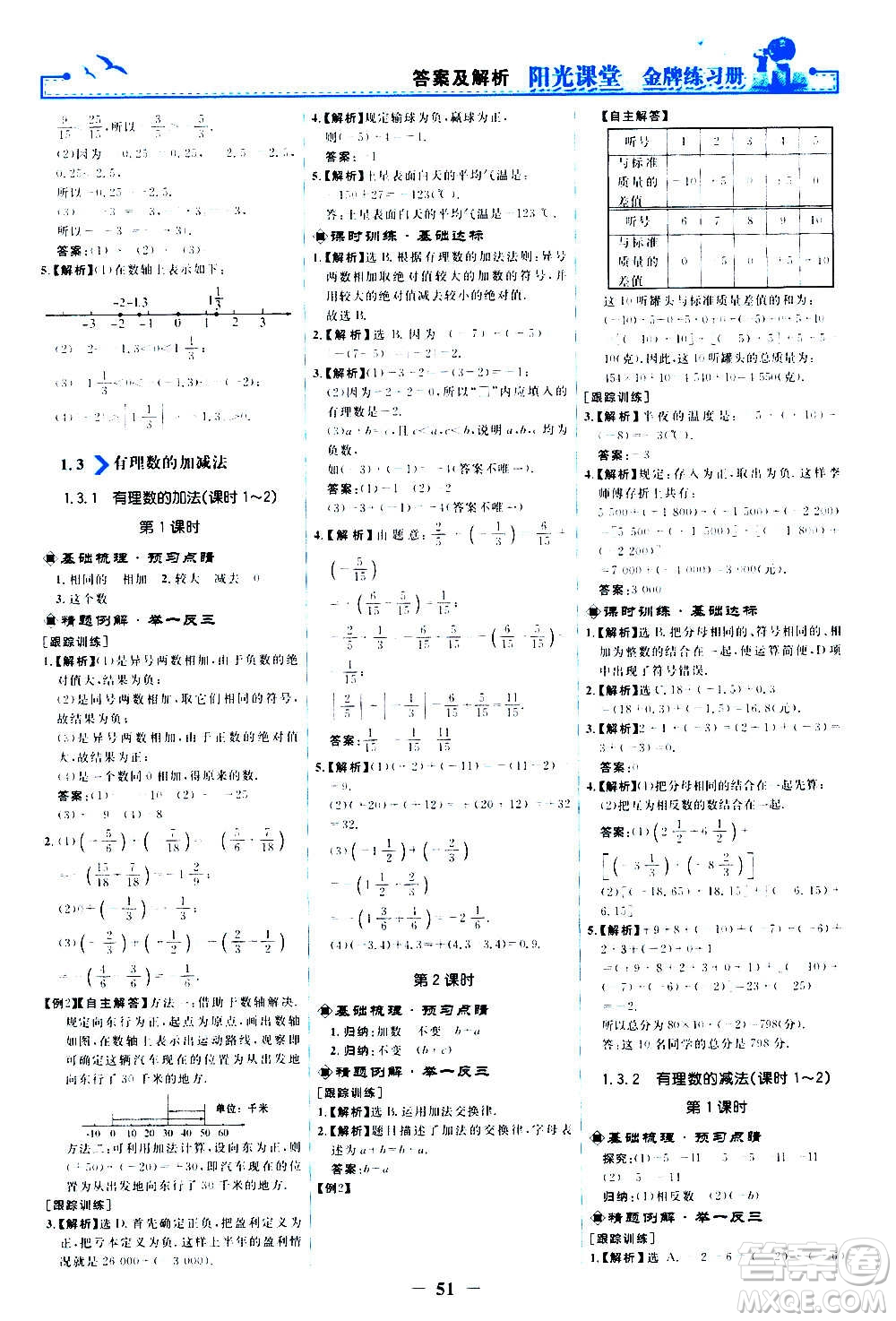 人民教育出版社2020年陽光課堂金牌練習(xí)冊數(shù)學(xué)七年級上冊人教版答案