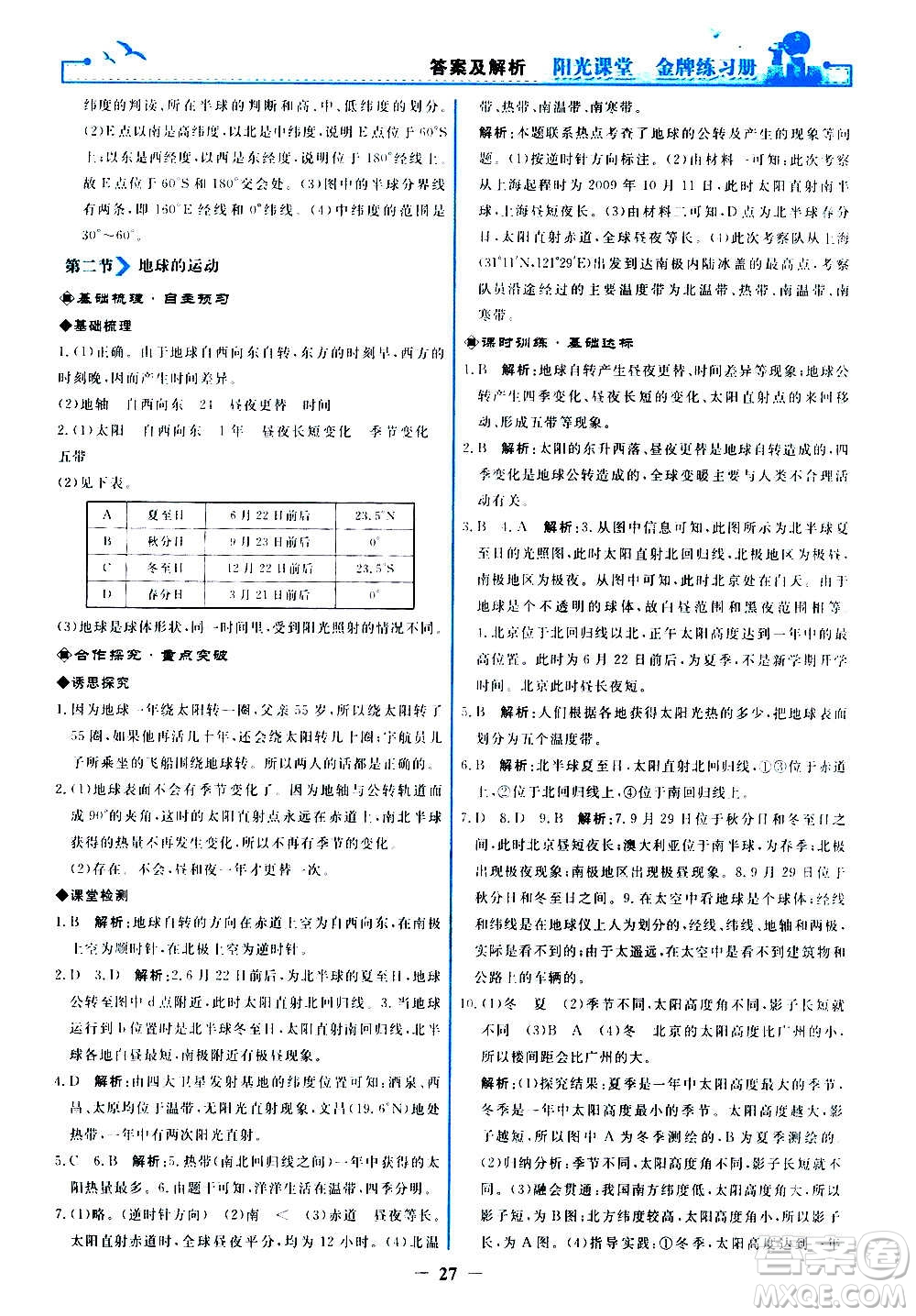 人民教育出版社2020年陽光課堂金牌練習(xí)冊地理七年級上冊人教版答案