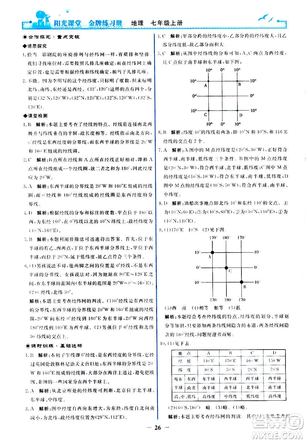 人民教育出版社2020年陽光課堂金牌練習(xí)冊地理七年級上冊人教版答案