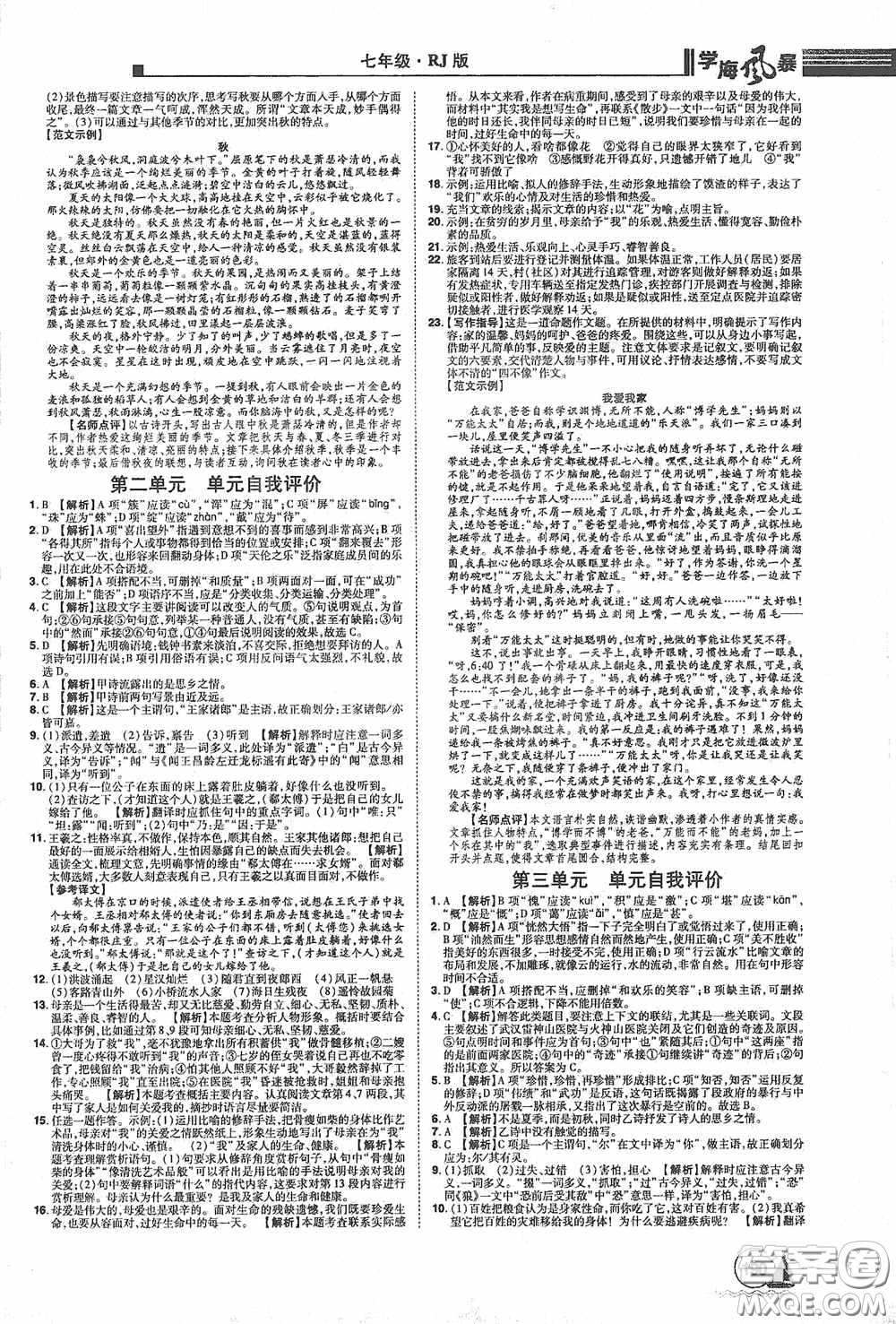 江西美術(shù)出版社2020學(xué)海風(fēng)暴七年級語文上冊人教版答案