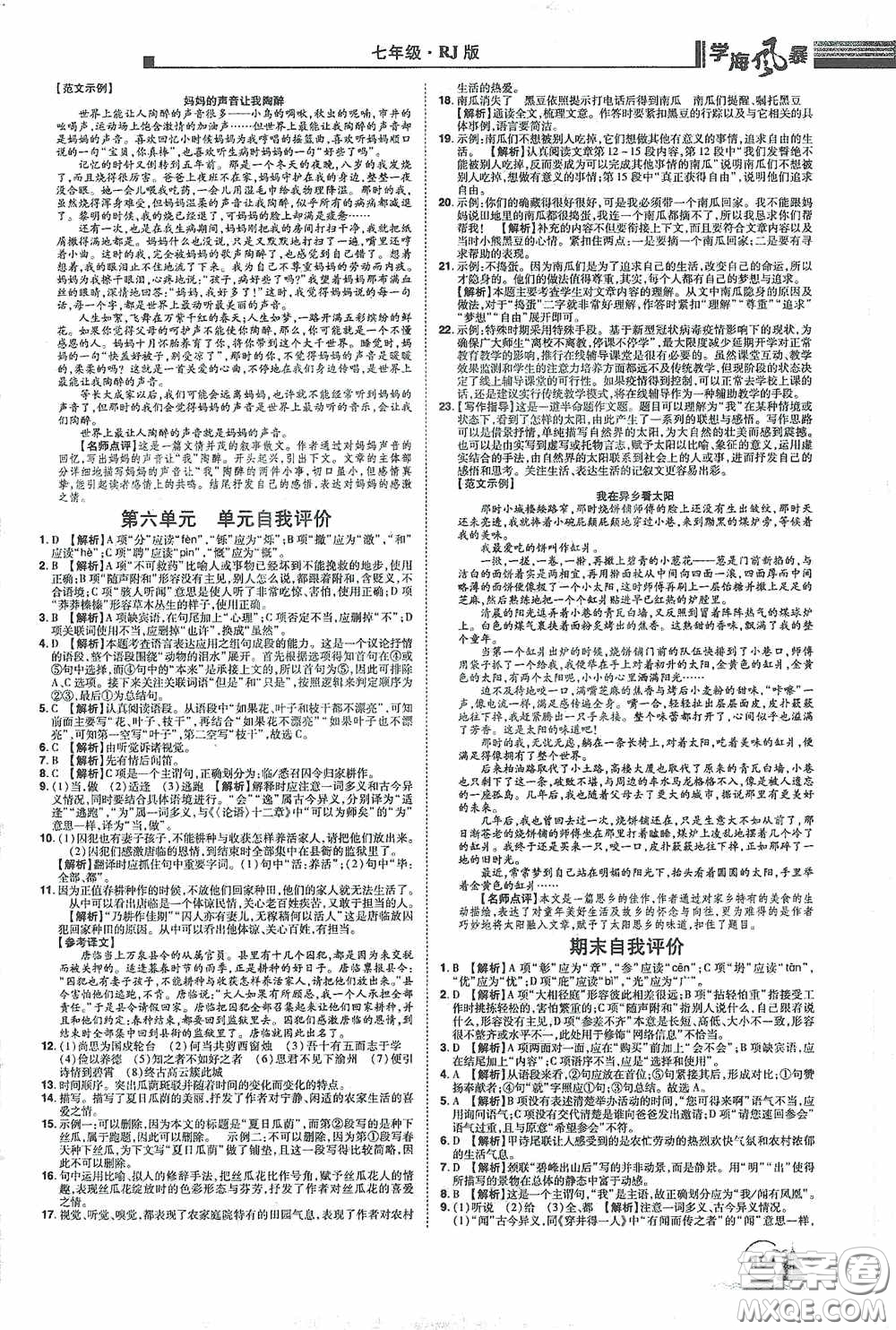 江西美術(shù)出版社2020學(xué)海風(fēng)暴七年級語文上冊人教版答案