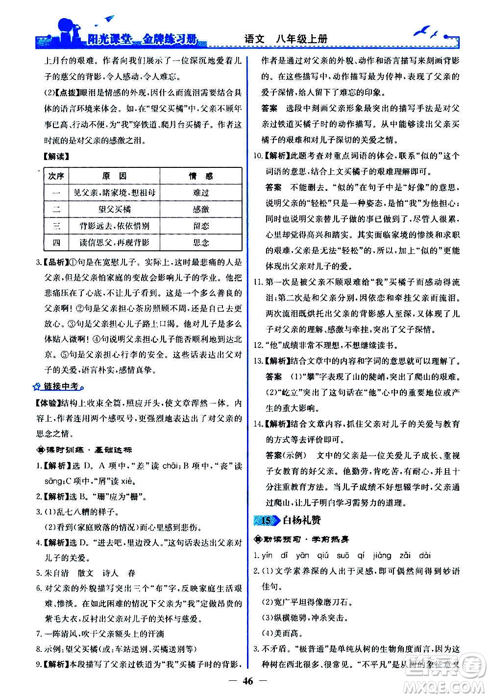 人民教育出版社2020年陽(yáng)光課堂金牌練習(xí)冊(cè)語(yǔ)文八年級(jí)上冊(cè)人教版答案