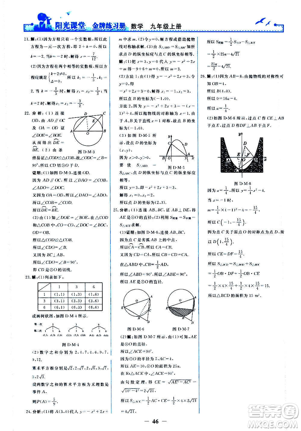 人民教育出版社2020年陽光課堂金牌練習冊數(shù)學九年級上冊人教版答案