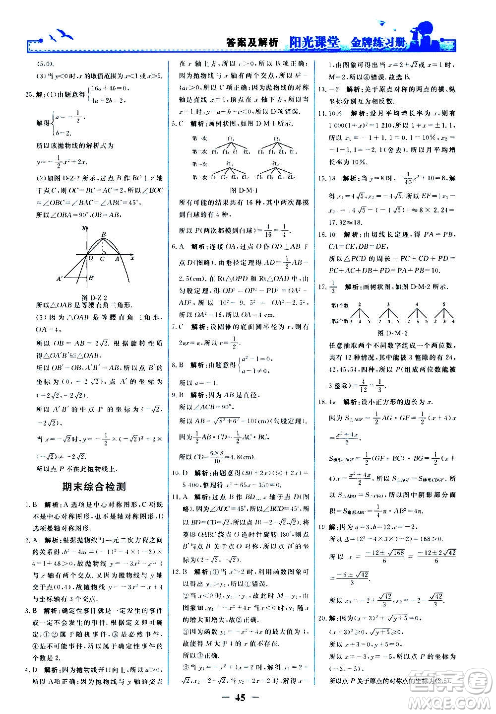 人民教育出版社2020年陽光課堂金牌練習冊數(shù)學九年級上冊人教版答案