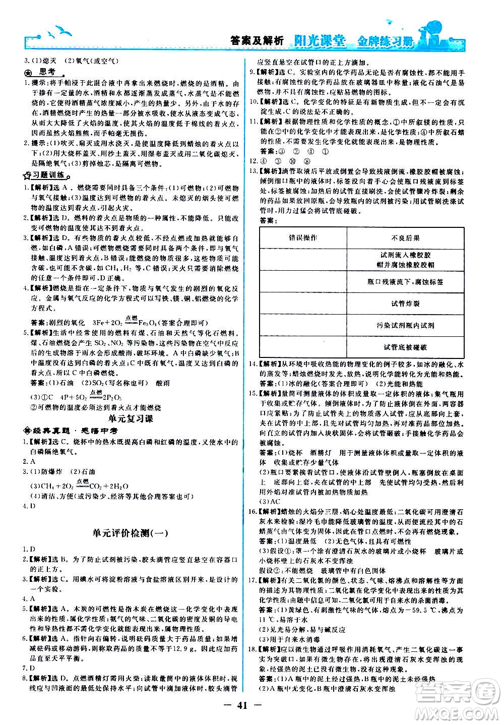 人民教育出版社2020年陽光課堂金牌練習(xí)冊(cè)化學(xué)九年級(jí)上冊(cè)人教版答案