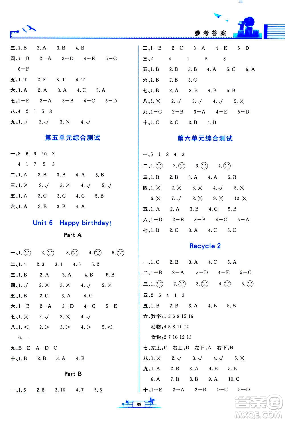 人民教育出版社2020年陽光課堂金牌練習(xí)冊英語三年級上冊人教版答案