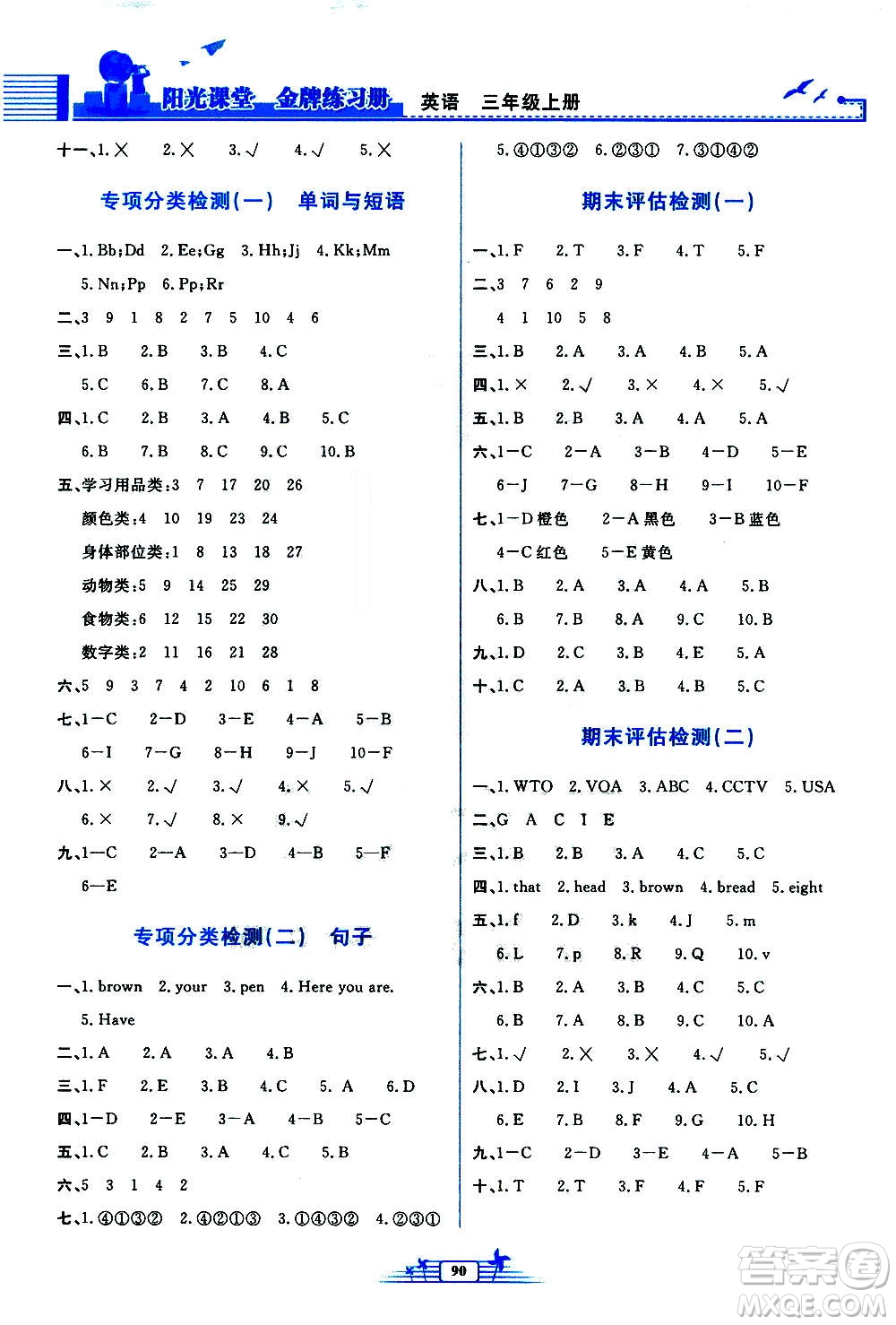 人民教育出版社2020年陽光課堂金牌練習(xí)冊英語三年級上冊人教版答案