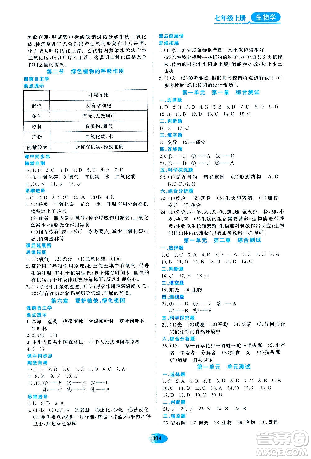 黑龍江教育出版社2020年資源與評(píng)價(jià)生物學(xué)七年級(jí)上冊人教版參考答案