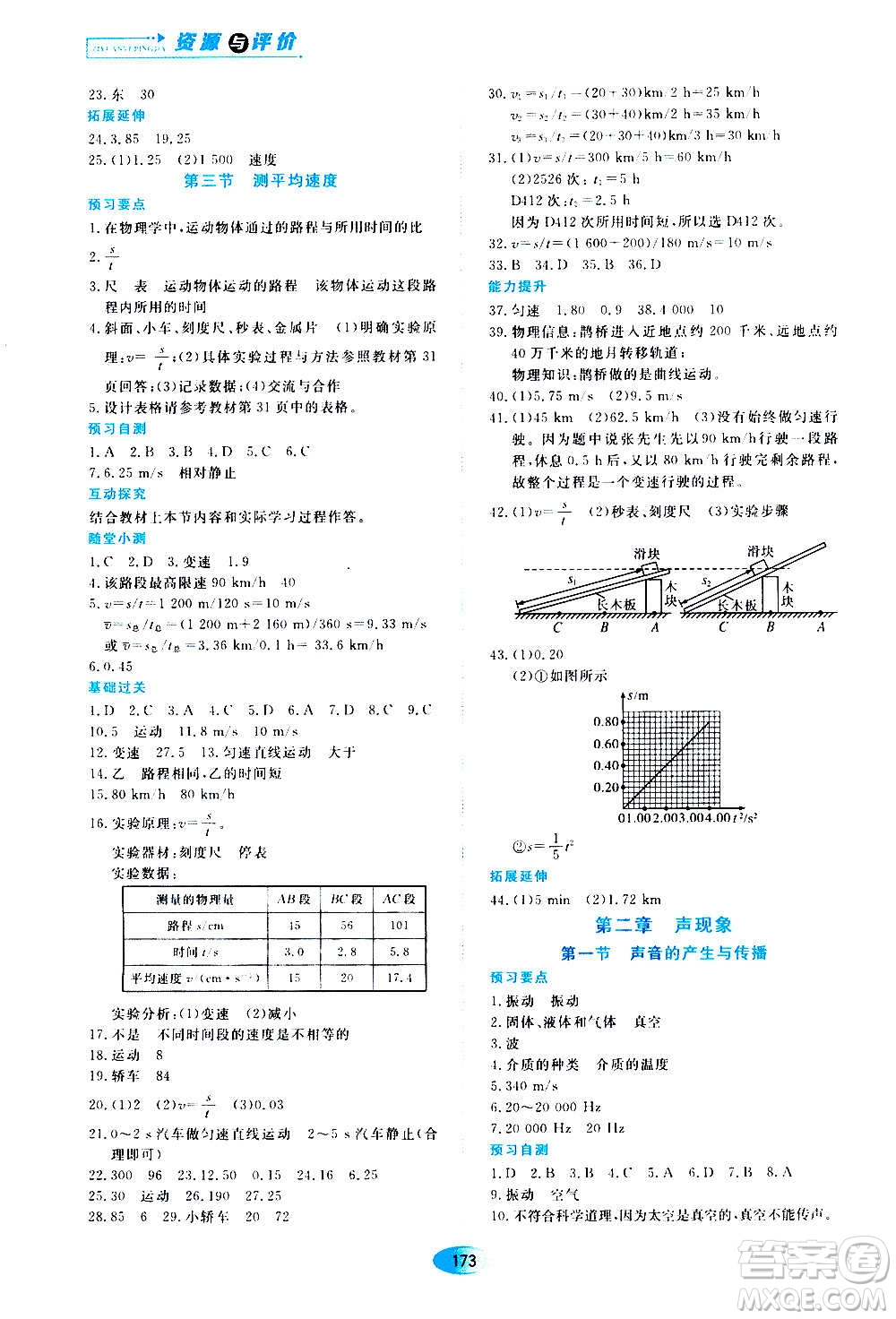 2020年五四學制資源與評價物理八年級上冊山科技版參考答案