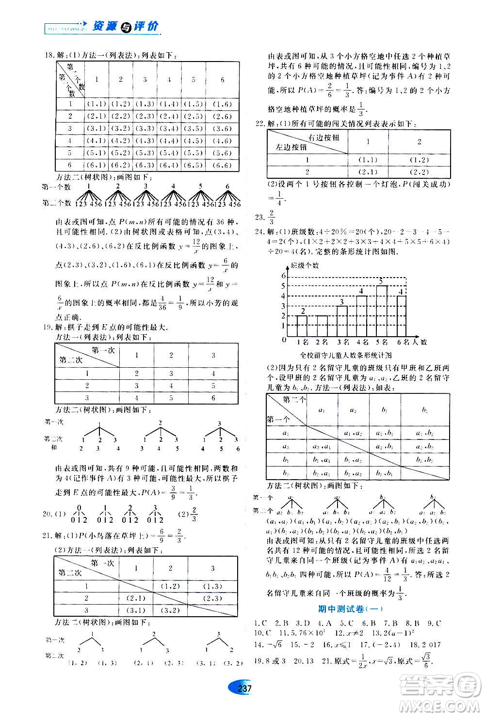 2020年五四學(xué)制資源與評(píng)價(jià)數(shù)學(xué)九年級(jí)上冊(cè)人教版參考答案