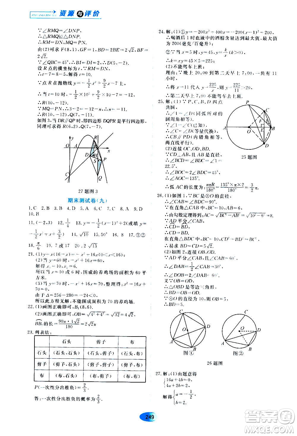 2020年五四學(xué)制資源與評(píng)價(jià)數(shù)學(xué)九年級(jí)上冊(cè)人教版參考答案