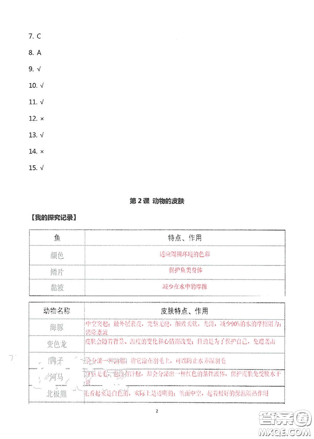 山東美術(shù)出版社2020新課堂同步體驗與探究三年級科學(xué)上冊答案