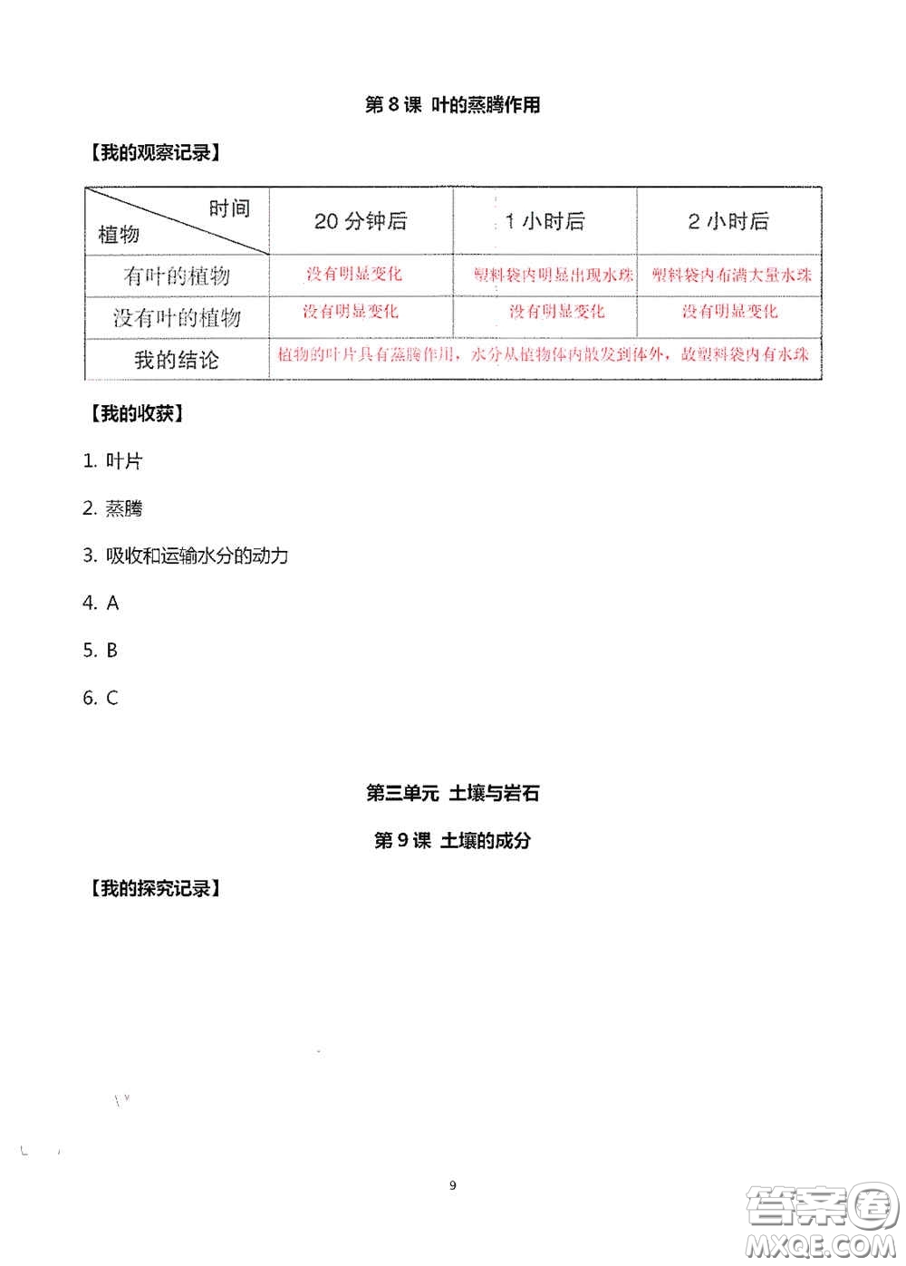 山東美術(shù)出版社2020新課堂同步體驗與探究三年級科學(xué)上冊答案