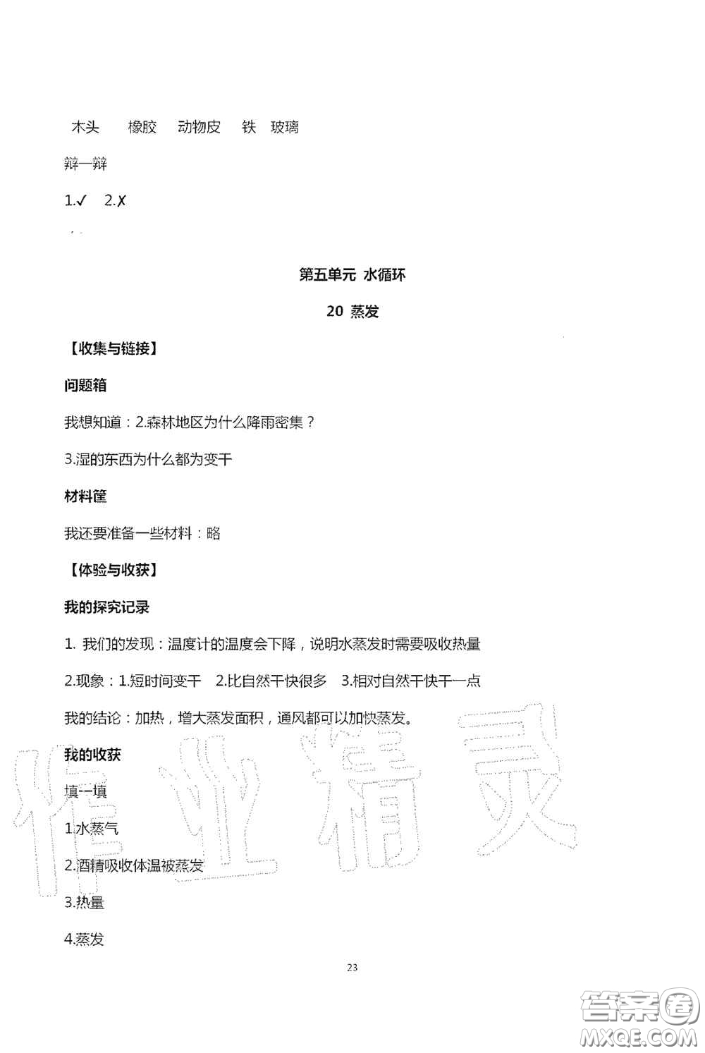 山東美術出版社2020新課堂同步體驗與探究五年級科學上學期人教版答案