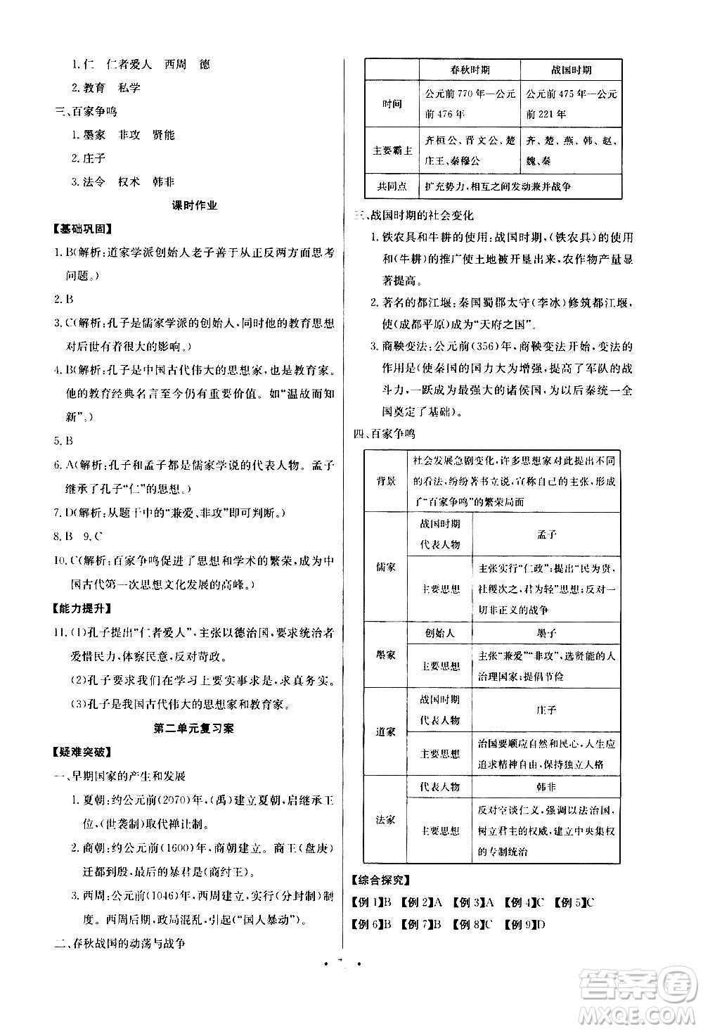 2020年長江全能學(xué)案同步練習(xí)冊歷史七年級上冊人教版參考答案