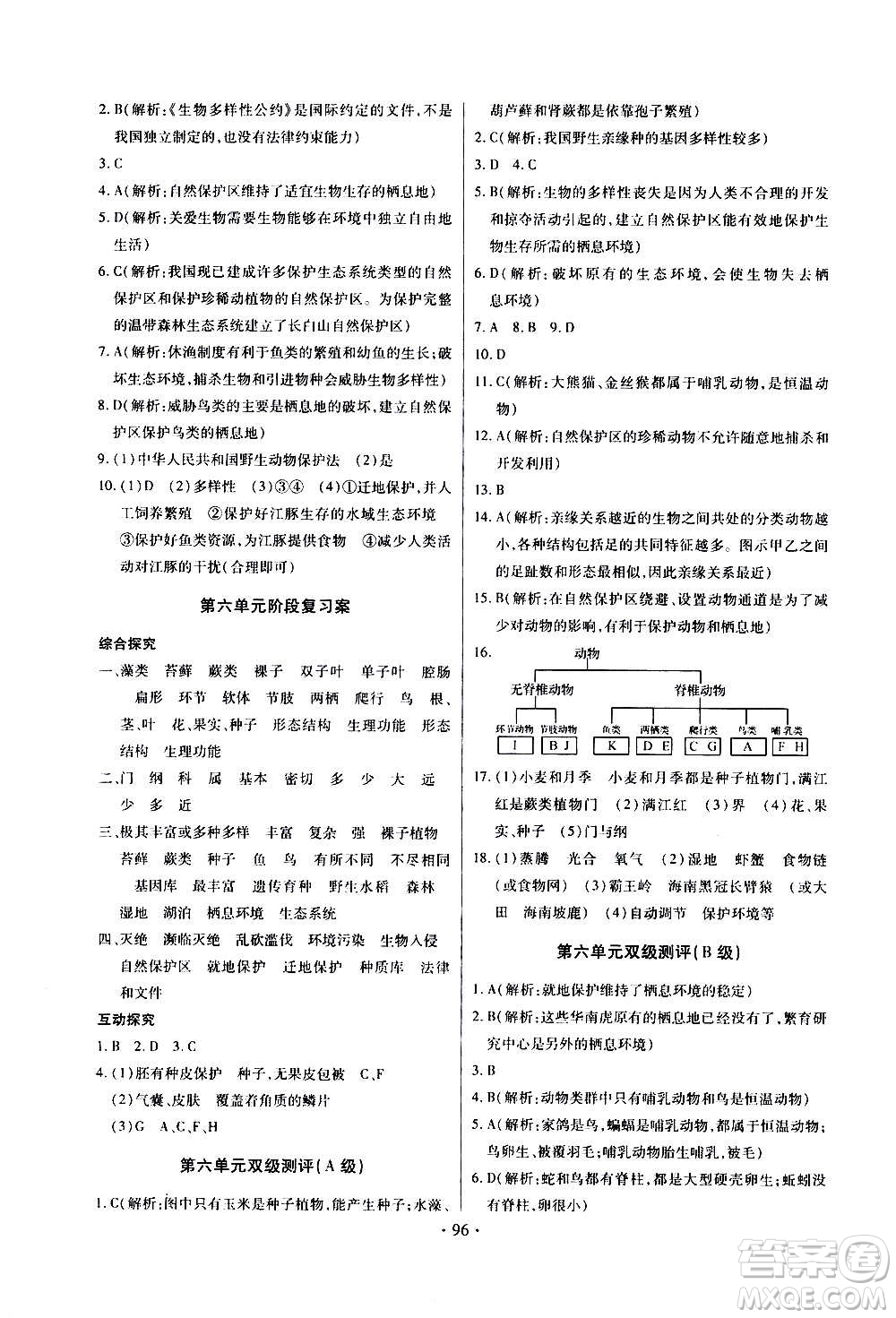 2020年長江全能學(xué)案同步練習(xí)冊生物學(xué)八年級上冊人教版參考答案