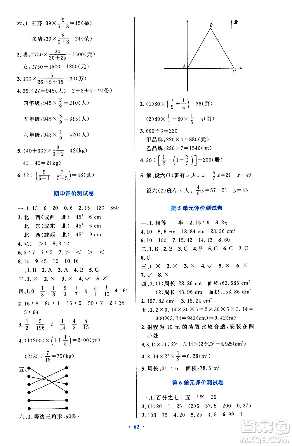 人民教育出版社2020小學(xué)同步測控優(yōu)化設(shè)計數(shù)學(xué)六年級上冊增強版答案